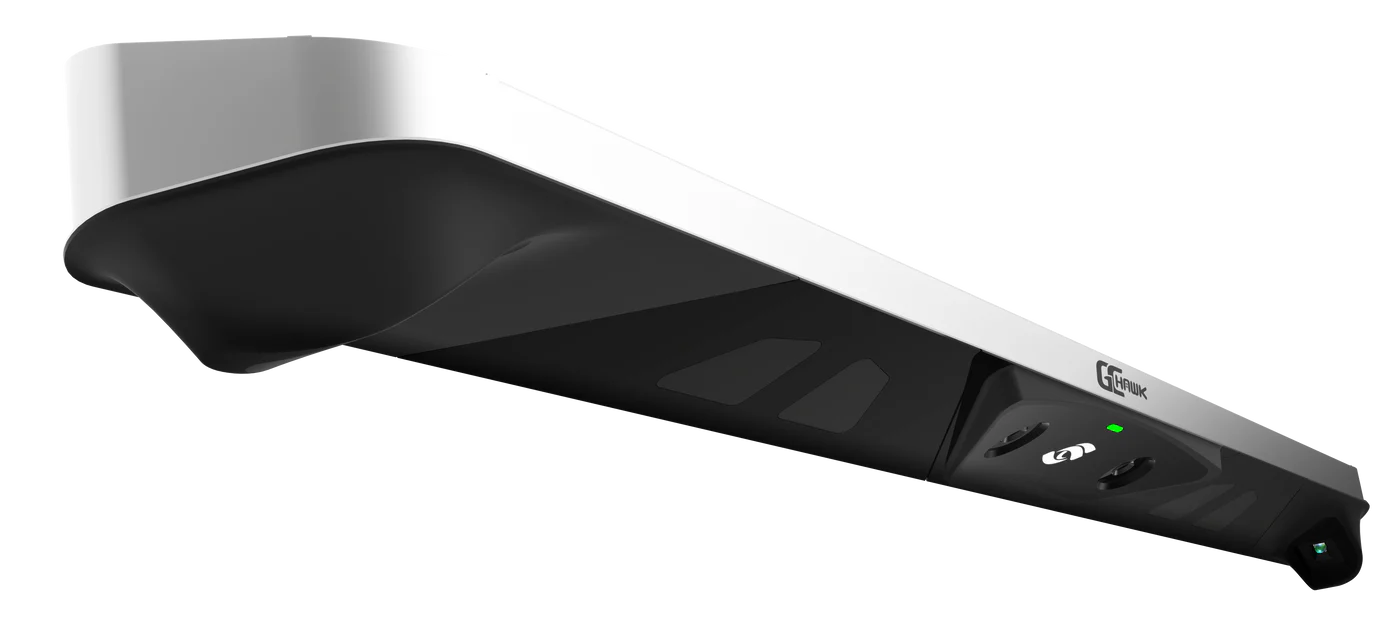 GCHawk Launch Monitor – Professional overhead golf simulator tracker device with sleek design and indicator lights.