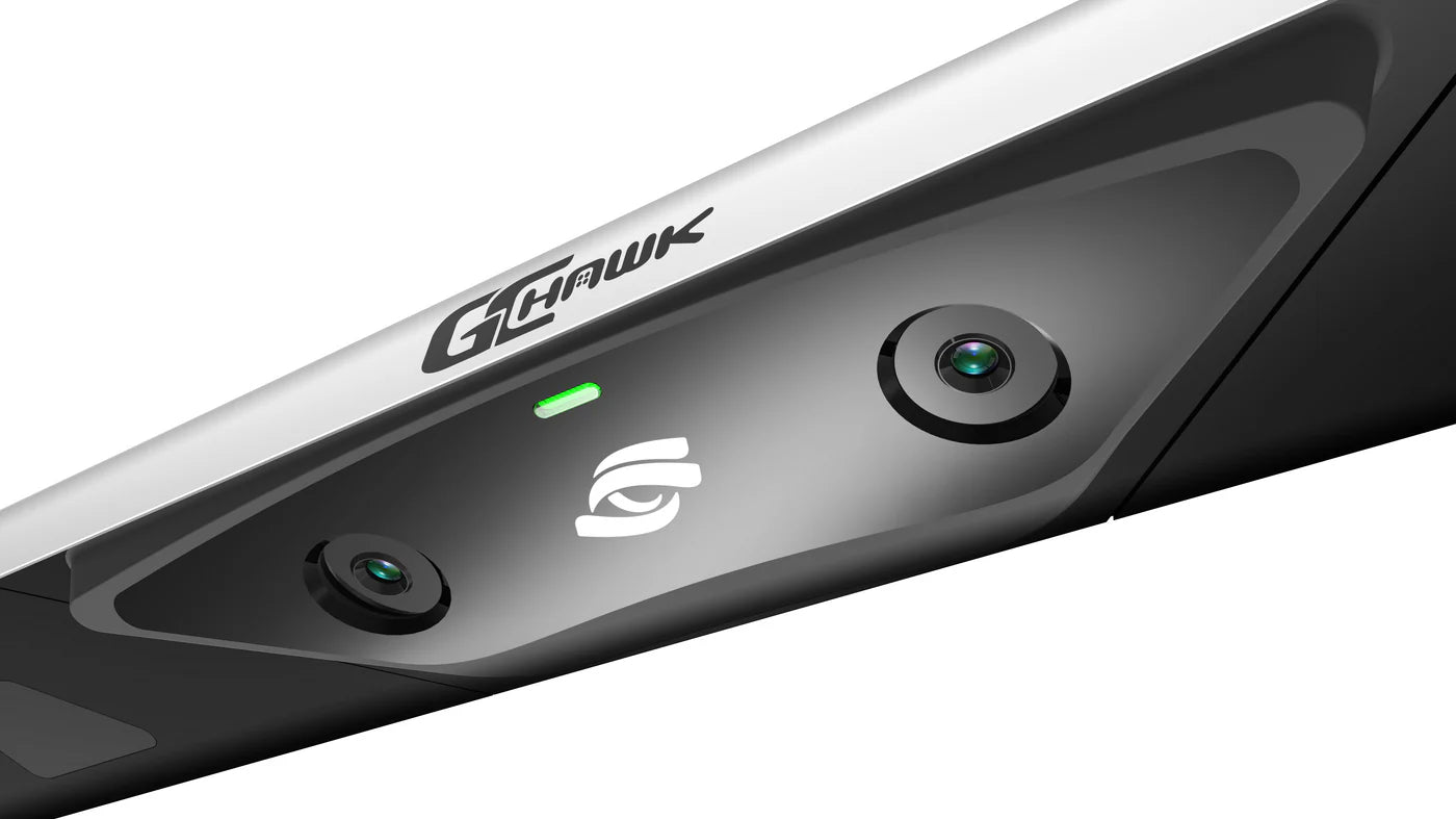Close-up of GCHawk Launch Monitor, featuring dual cameras and sleek design for precision golf tracking.