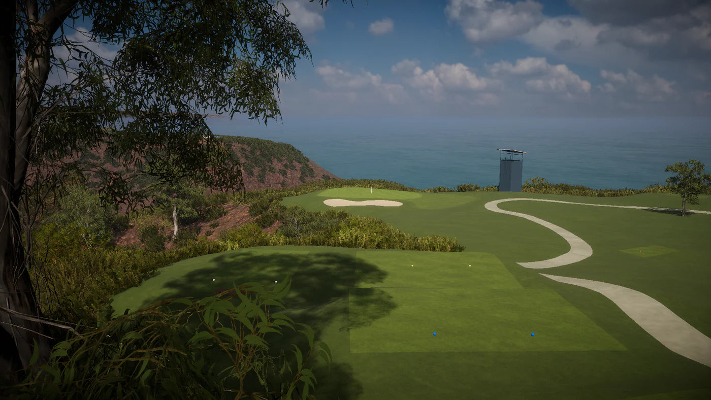Scenic view of a golf course overlooking the ocean, ideal for using the GCHawk Launch Monitor.