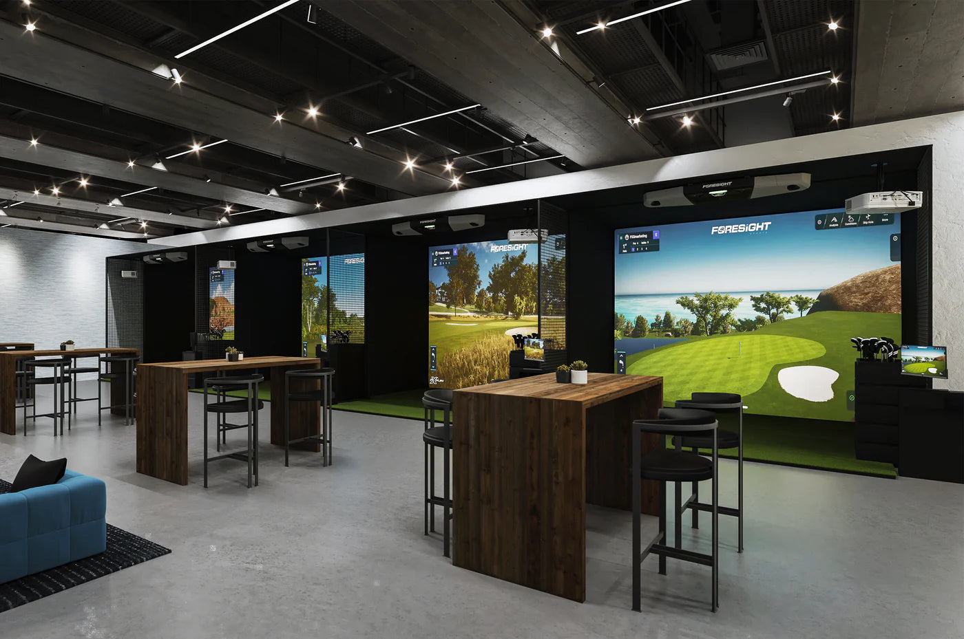 Interior view of a professional golf simulator with Foresight Falcon Launch Monitor technology in use.