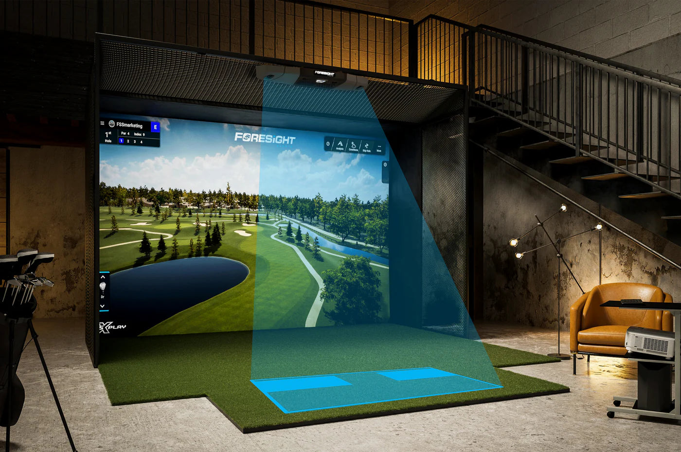 Foresight Falcon Launch Monitor displayed in a modern golf simulator setup with virtual course graphics.