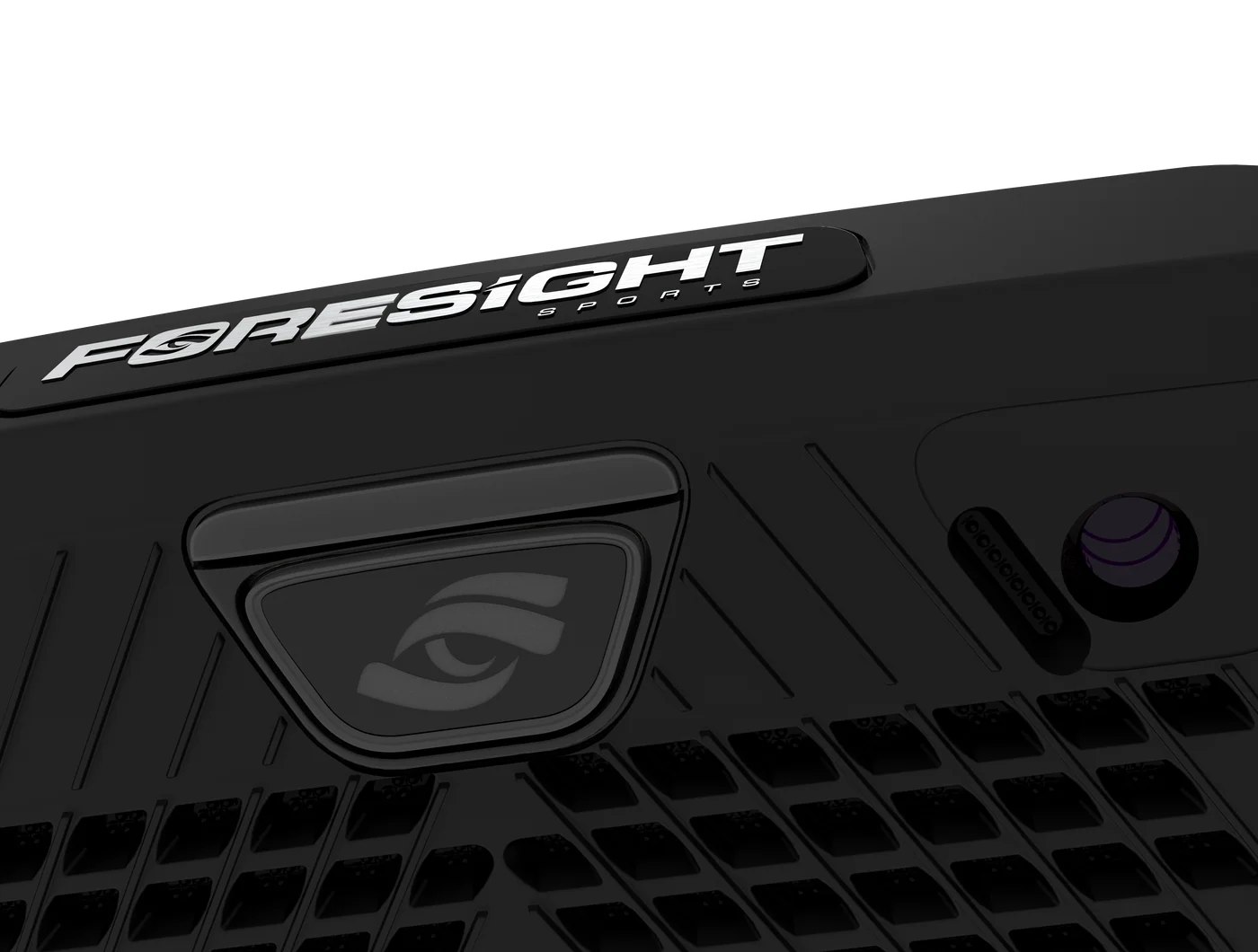 Close-up of the Foresight Falcon Launch Monitor, showcasing its advanced imaging technology for golf tracking.